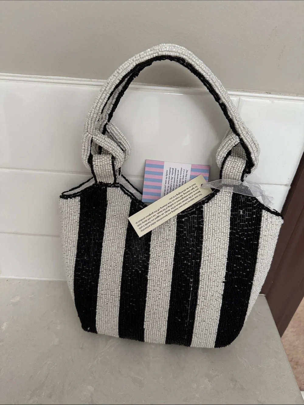 Hand-Beaded Black & White Stripe Women's Tote